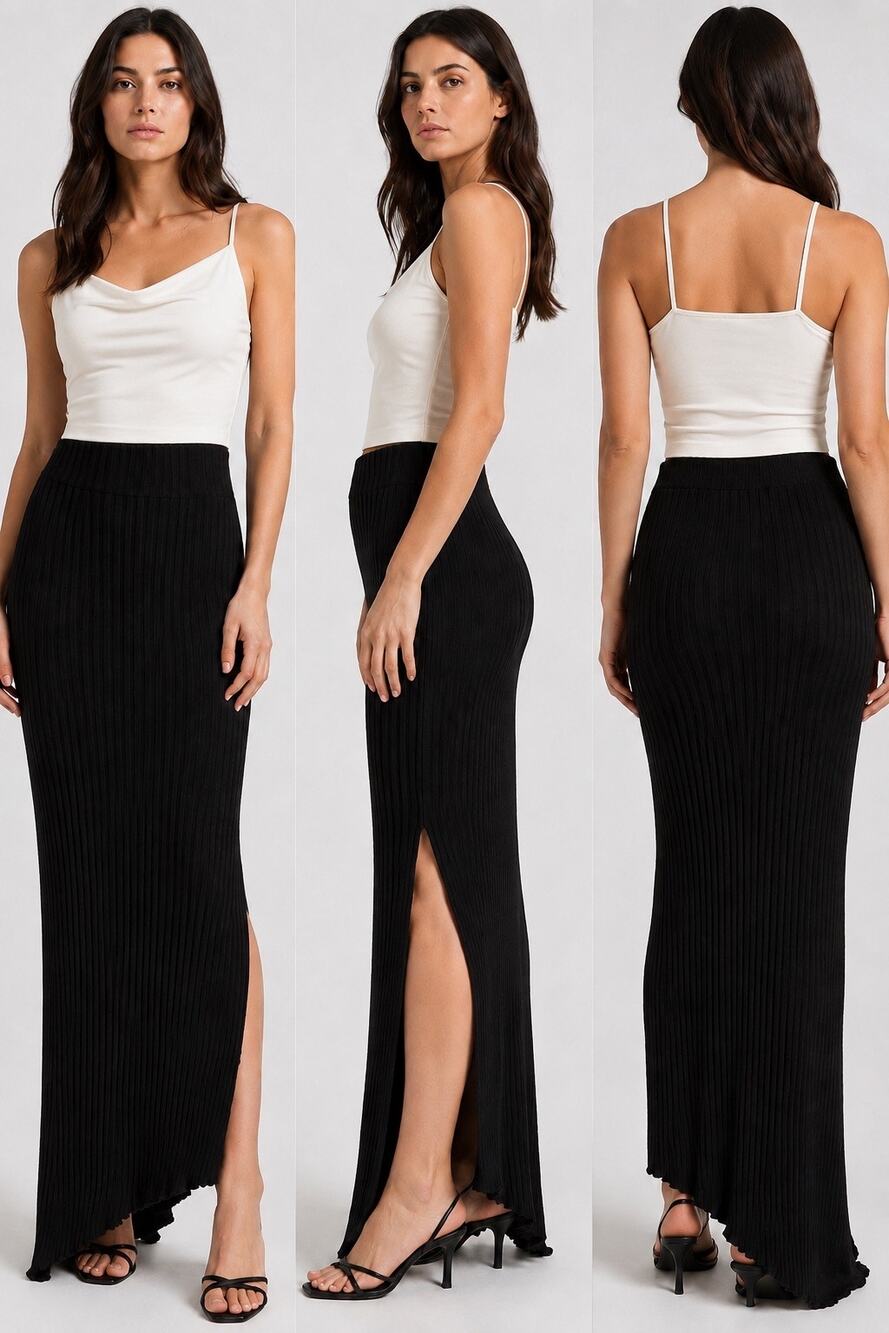 SIMON MILLER Rib Black Maxi Skirt L USA Micro Modal Stretch Side Slit Luxury